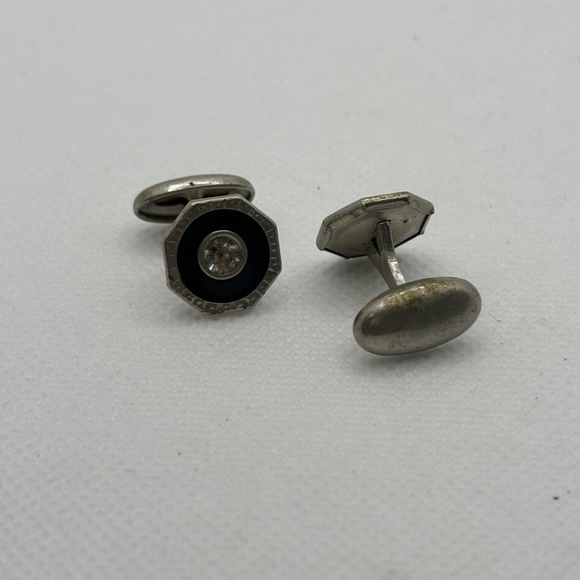 Edwardian, Octagonal, Silver Plate with Rhinestone Men's Cuff Links, Circa 1900S - Picture 3 of 4